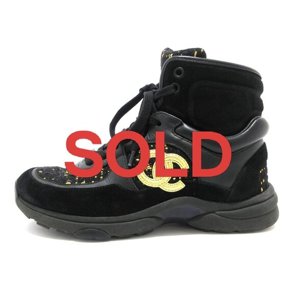 CHANEL Black Gold Lambskin Suede Tweeds Women's Sneakers 695-061325 - Picture 1 of 8